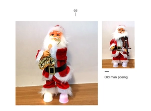 Detail of 30cm musical Santa Claus figures playing saxophone and violin with velvet clothes