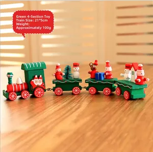Detailed view of green wooden 4-section Christmas train with figurines and size dimensions