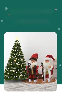 Dual electric Santa Claus figurines in classic red robes with dark staffs for decor