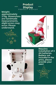 Détails du compartiment à piles et dimensions du jouet de Père Noël électrique animé
