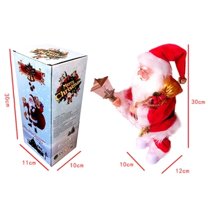 Detailed 30cm electric Santa Claus doll with dimensions and festive gift box packaging