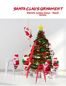 Detail of masked Santa Claus climbing a ladder with a festive 2020 face mask detail