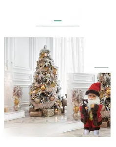 Close-up of electric Santa Claus doll in red suit with plush trim and festive accessories