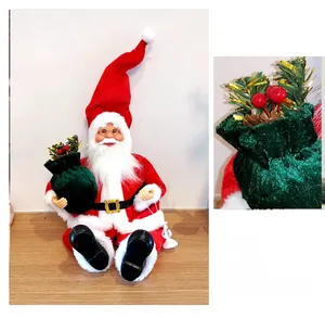 Detailed close-up of velvet Christmas Santa doll with gift bag and gold glasses