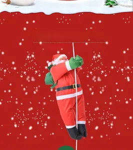 Detail of 90cm Santa Claus climbing a white pole with a green gift bag for holiday decor