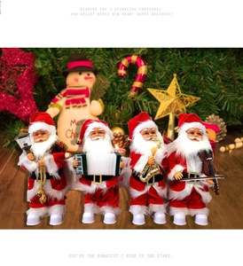 Detailed view of four 30cm musical Santa Claus figures playing instruments in a festive scene