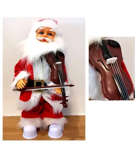 Detail view of musical Santa Claus playing violin with textured red plush fabric and strings