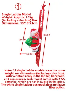 Detail view of electric Santa climbing a 56cm red ladder with a green sequin backpack