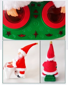 Vues détaillées du Père Noël DJ électrique avec console musicale et costume en peluche