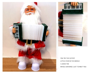 Close-up of animated Santa Claus figurine playing a green and white accordion