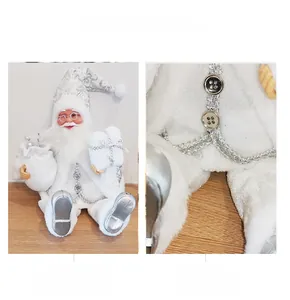Macro shot of silver sequined fabric and buttons on a sitting Santa Claus plush doll ornament