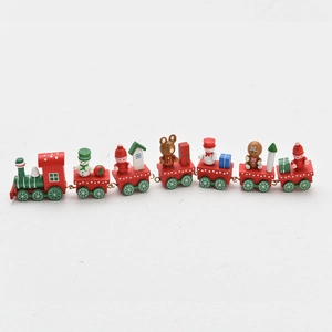 Traditional 7-section wooden Christmas train set with snowman and bear decor on white background