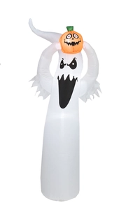 Detail of inflatable white ghost holding an orange pumpkin for Halloween yard decoration