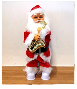 Close-up of animated Santa Claus figurine playing a golden saxophone for holiday decor