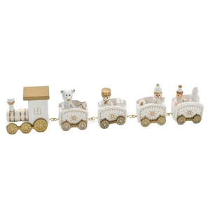 Five-section white and gold wooden Christmas train with snowman and tree figures