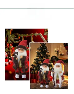 Close-up detail of electric Santa Claus figurines with festive fur trim and gold vests