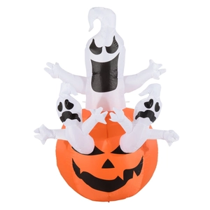 Detail of Halloween inflatable with smiling orange pumpkin and three white ghosts