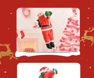 Detail of hanging Santa Claus doll climbing a white rope with festive indoor holiday backdrop