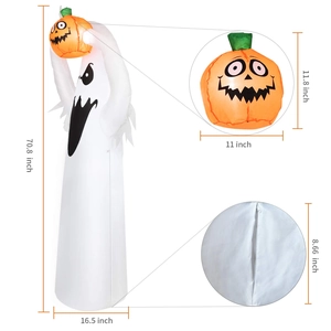 Detail of inflatable Halloween ghost showing pumpkin head and bottom zipper features