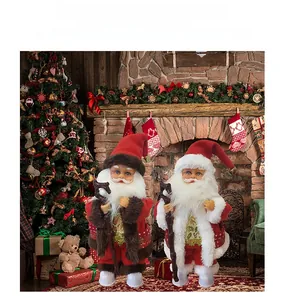 Detailed plush Santa Claus figurines with velvet robes and staves in festive home setting