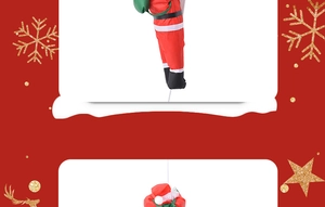 Vertical detail of 90cm plush Santa Claus climbing ladder with a green gift bag decor