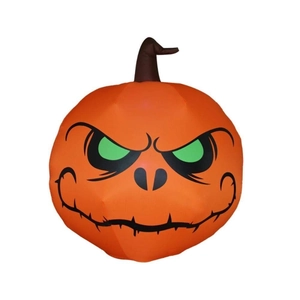 Detail of 1.2m Halloween inflatable pumpkin with glowing green eyes and evil stitched smile