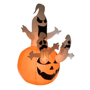 Inflatable Halloween pumpkin with three white ghosts and internal LED lights decoration