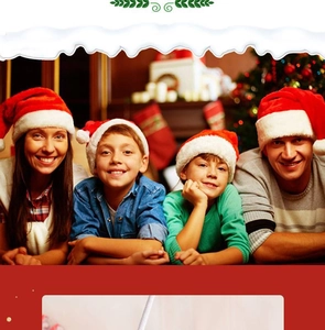 Family wearing red plush Santa hats together in front of a decorated Christmas tree