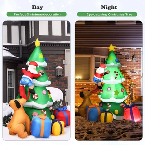 Outdoor inflatable Christmas tree with climbing Santa and dog in day and night lighting views