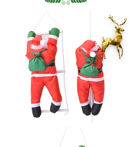 Detail of 90cm Santa Claus climbing a rope ladder and cord with a green gift bag decor