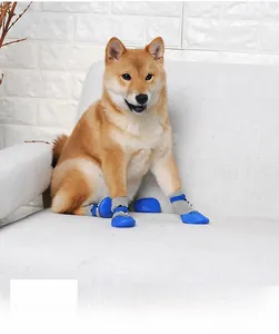 Close-up of waterproof non-slip pet boots with blue rubber soles and gray knit cuffs