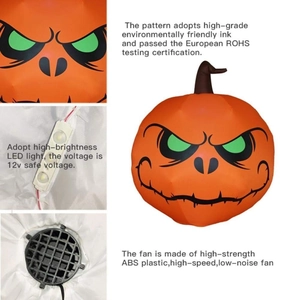 Detailed views of LED lights, quiet fan, and ROHS-certified printing on inflatable pumpkin