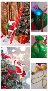 Detail of Santa climbing toy with fiber optic light bag and festive red velvet outfit