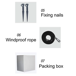 Accessories detail including fixing nails, windproof rope and white packing box