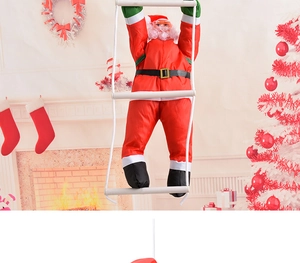 Detailed view of 90cm plush Santa Claus climbing a white ladder for Christmas tree decor