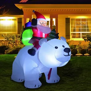 Inflatable 7ft Santa Claus riding a polar bear with LED lights for Christmas garden decor