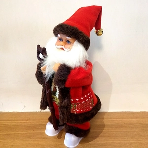 Classic electric Santa Claus figure with red velvet suit, white beard and golden bell