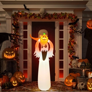Close-up of inflatable Halloween ghost holding a glowing pumpkin lamp on a porch decor