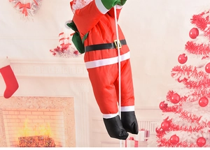Close-up of a 90cm fabric Santa Claus doll climbing a white rope in a festive room