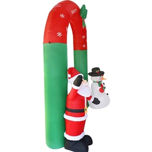 Vue détaillée du texte Merry sur l'arche de Noël gonflable avec Père Noël et bonhomme de neige