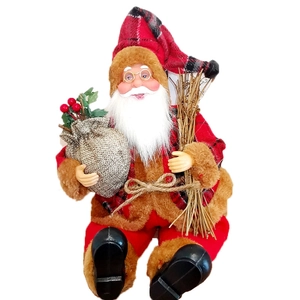 Sitting Santa Claus plush doll in red plaid outfit with gift bag and glasses for Christmas