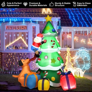Detailed view of 2.1m inflatable Santa climbing a Christmas tree with an LED lit design