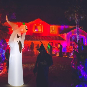 Inflatable Halloween ghost holding a pumpkin with glowing lights for outdoor yard decor
