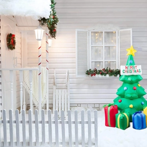 Detail of 1.5m inflatable Christmas tree with colorful gift boxes on snowy porch