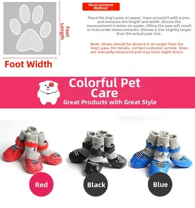 Detailed measurement guide for dog socks with rubber soles in red, black, and blue colors
