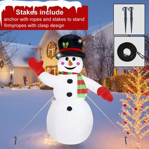 Detail of Christmas snowman inflatable with securing stakes and ropes for outdoor yard decor