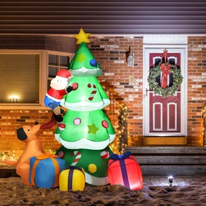 Inflatable 7ft Christmas tree with Santa, dog, and gift boxes featuring internal LED lights