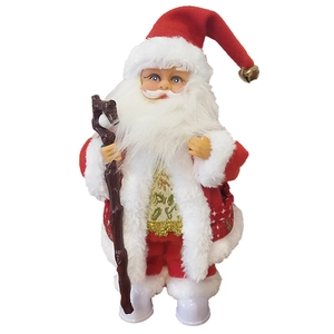 Electric Santa Claus doll with classic red suit and golden embroidery on white background
