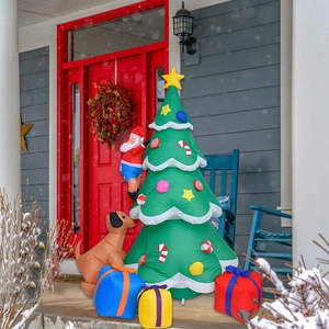 Detail of 2.1m inflatable Christmas tree with Santa climbing, dog and colorful gift boxes