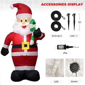 Detailed view of the 1.2m inflatable Santa with candy cane, stakes, and LED light accessories